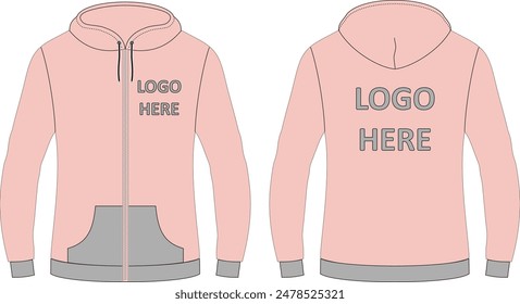 Two Color contrast ribbed zipper hoodies with custom logo at front and back mockup