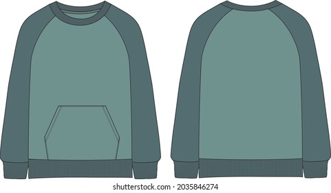 Two color cotton jersey, long sleeve, round neckline with pocket technical fashion flat sketch vector mock up template front and back views isolated on white background.