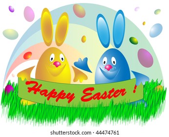 Two color Easter eggs with the congratulatory text against rainbow