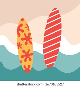 Two color flat surfs with patterns. Rest on the sea, extreme, hobbies and adrenaline on the waves. Isolated vector illustration on white background.