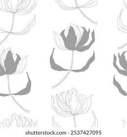 Patrón sin costuras floral de dos colores. Grandes flores azules pastel sobre fondo blanco. Diseño elegante para la tela, materia textil, papel de embalaje, cubierta