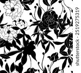 Two color floral seamless patterns. Silhouette flower, leaf and flowers. All over print. Botanical collage in modern flat style. Floral silhouettes. black and white print.