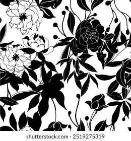 Two color floral seamless patterns. Silhouette flower, leaf and flowers. All over print. Botanical collage in modern flat style. Floral silhouettes. black and white print.