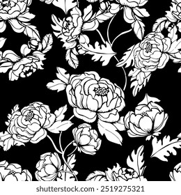 Two color floral seamless patterns. Silhouette flower, leaf and flowers. All over print. Botanical collage in modern flat style. Floral silhouettes. black and white print.