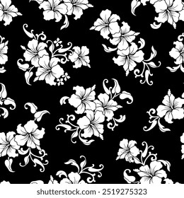 Two color floral seamless patterns. Silhouette flower, leaf and flowers. All over print. Botanical collage in modern flat style. Floral silhouettes. black and white print.