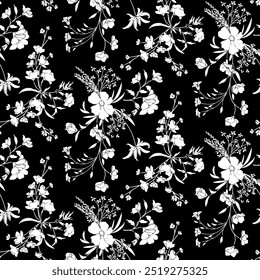 Two color floral seamless patterns. Silhouette flower, leaf and flowers. All over print. Botanical collage in modern flat style. Floral silhouettes. black and white print.