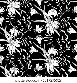 Two color floral seamless patterns. Silhouette flower, leaf and flowers. All over print. Botanical collage in modern flat style. Floral silhouettes. black and white print.