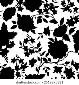 Two color floral seamless patterns. Silhouette flower, leaf and flowers. All over print. Botanical collage in modern flat style. Floral silhouettes. black and white print.