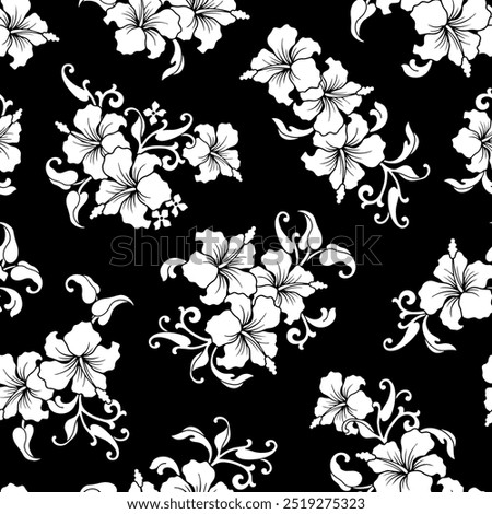 Two color floral seamless patterns. Silhouette flower, leaf and flowers. All over print. Botanical collage in modern flat style. Floral silhouettes. black and white print.