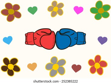Two color gloves in an environment of flowers and hearts