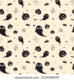 Duas cores padrão de Halloween. Halloween padrão sem emenda com abóbora, morcego , fantasma e teia de aranha. Plano de fundo de Halloween. Padrão para impressões estáticas, têxteis, papel de embrulho. Ilustração vetorial.