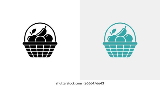 Two color illustrations of a woven basket filled with fruits, including oranges, apples, and bananas. The illustrations come in black and teal colors.