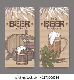 Two color labels with hand drawn beer keg, mug, hop and wheat on cardboard background. Great for bar, restaurant, cards and menu, pub signs, label design.