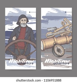 Two color labels with old captain and navigational instruments sketch. Maritime adveture series. Great for travel ads and brochures, sailing and tourist illustrations.