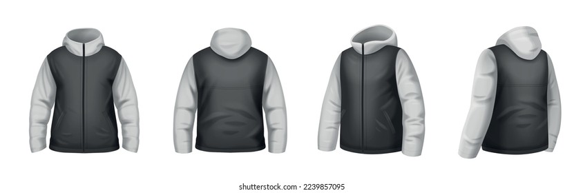 Two color male jacket realistic mockup set isolated against white background vector illustration