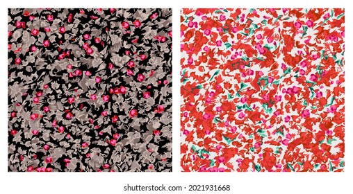 Two color options of seamless pattern with hand-drawn abstract flowers and leaves, doodle floral pattern, artistic backdrop. vector EPS