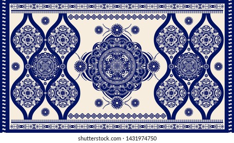 Two color ornamental vector design for rug, carpet, tapis. Persian, Turkey rug, textile. Geometric floral backdrop. Abstract ornament with decorative elements. Abstract rectangular geometric carpet