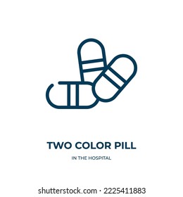 Icono de la píldora de dos colores. Ilustración vectorial lineal de la colección hospitalaria. Esquema de dos vectores de icono de píldora de color. Símbolo de línea delgada para uso en aplicaciones web y móviles, logotipo, medios impresos.