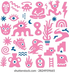 Two Color Pink and Navy Set of Surreal Primitive Icons with Eyes, Masks, Aliens and Mystic Creatures. Graphic Element Collections