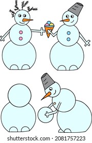 Two color plot pictures with snowmen (snowman with ice cream, snowman sculpts a snowman)