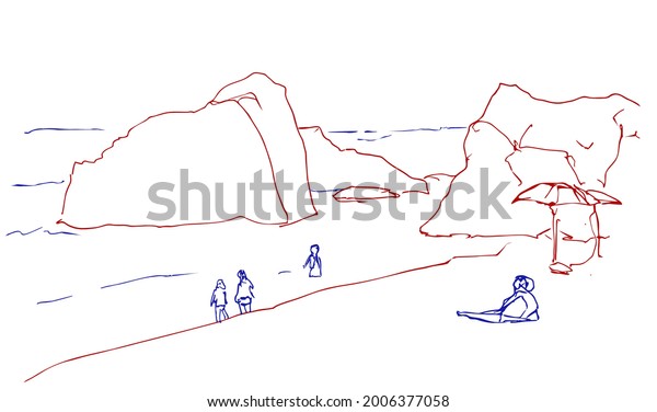 Нарисованный цветными ручками, двухцветный эскиз детей с матерью на морском пляже в Портимане, скалы, похожие на заставку с фотографиями компьютерной операционной системы 10. Векторная графика. Рисунок  линиями Андрея Бондаренко #iThyx