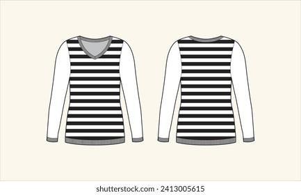 Two Color Stripe V-Neck Women Sweater Sketch for Tach Pack