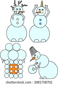 
Two color subject vector illustrations of snowmen. Snowman unicorn. Snowman builds a snow house.
