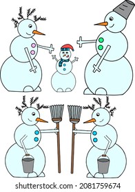 Two color subject vector illustrations of snowmen. A family of snowmen. Snowman with a broom and a bucket.