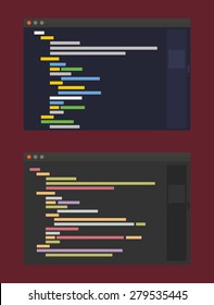 two color themes of developer code editor, flat design illustration on vinous background