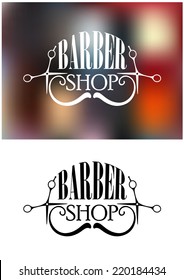 Two color variants of barber shop icon, emblem, label or logo,  with moustache and scissors, silhouette elements on white colored and colorful blurred background