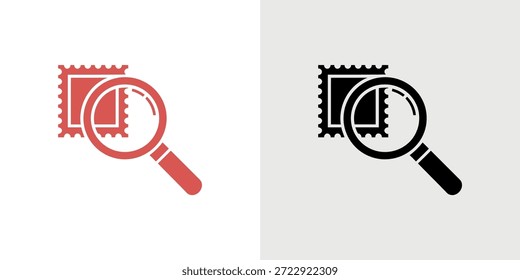 Two color variations display a magnifying glass examining a postage stamp closely.