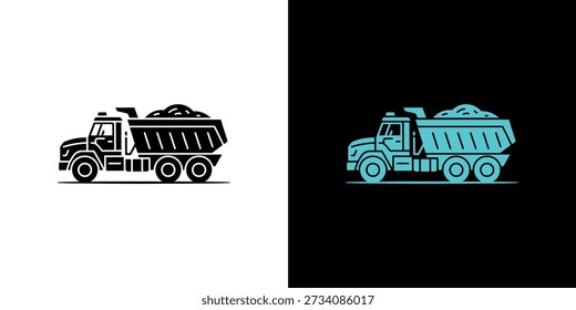 Dos variaciones de color de un icono de camión volquete, ideal para la construcción o transporte de marca.