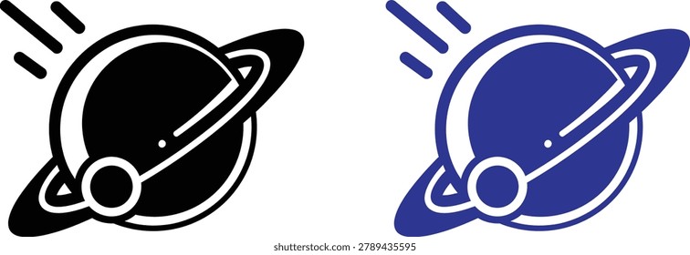 Two color variations of a planet with a prominent ring and orbiting moon, presented as a flat vector icon.