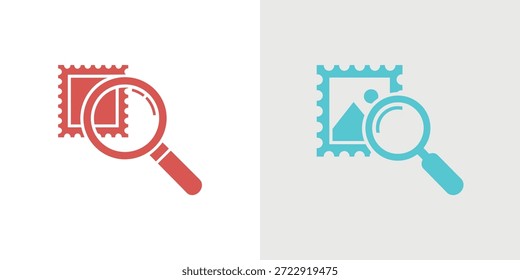 Two color variations showing a postage stamp being examined with a magnifying glass.
