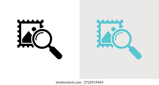 Se presentan dos variaciones de color de un sello con un icono de lupa.