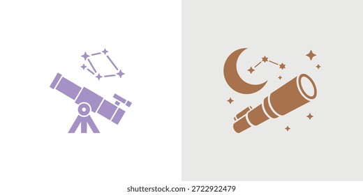 Two color variations of telescope, moon, and star illustrations representing space exploration.