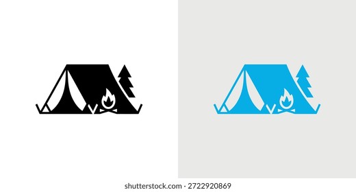 Duas variações de cor de uma tenda e logotipo da fogueira perfeito para marcas de aventura ao ar livre.
