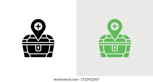 Dos variaciones de color de un cofre del tesoro con un icono de pin de ubicación.