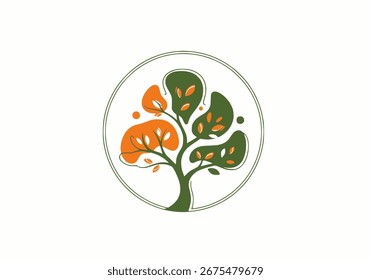Two color vector of abstract tree inside a circle, white background