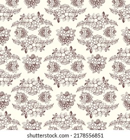Two color vector floral pattern. Design for wallpaper, wrapping paper, background, fabric. Vector seamless pattern with decorative climbing flowers. Vector seamless paisley pattern. Indian floral wall