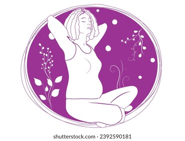 Two color vector illustrated pregnant woman in sitting pose on a white background with purple circles