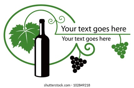 Two color vector illustration. Bottle of wine and grapes with dedicated space for text.