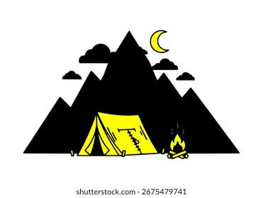 Two color vector of mountain with tent camping, white background