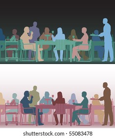 Two color versions of the same editable vector scene of people eating in a restaurant