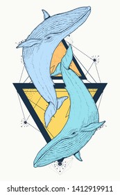 Two color whales tattoo geometric style. Mystical symbol of adventure, dreams. Creative geometric print design 