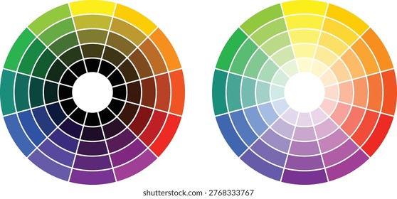 Two Color Wheels Showing Color Harmonies and Shades