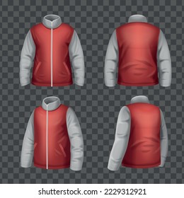 Two color winter jacket mockup front and back views realistic set on transparent background isolated vector illustration