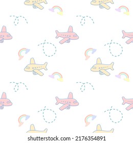 Caricatura de dos colores amarillo y rojo del avión tan lindo. en el fondo blanco de la nube de arco iris.patrón vectores e ilustración sin fisuras.