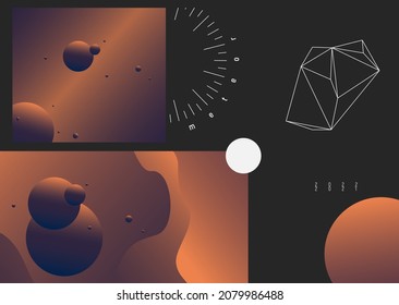 Dos ilustraciones abstractas de color sobre un fondo negro con elementos gráficos minimalistas. Conjunto de vectores