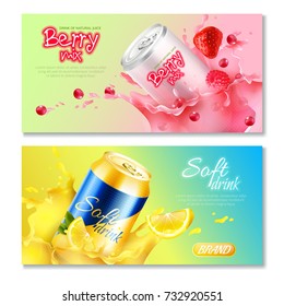 Two Colored Aluminum Cans Drinks Horizontal Banner Set With Drink Natural Juice Berry Mix And Soft Drink Descriptions Vector Illustration